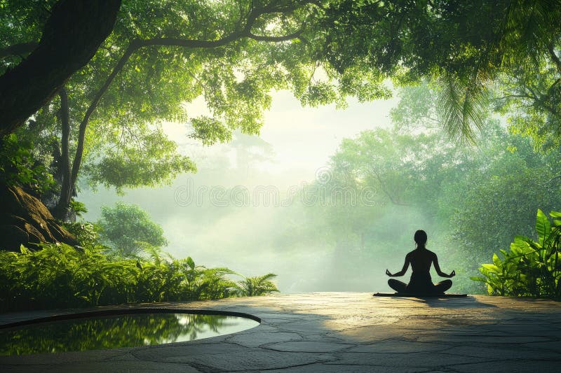 Woman meditating peacefully in lush green forest outdoors