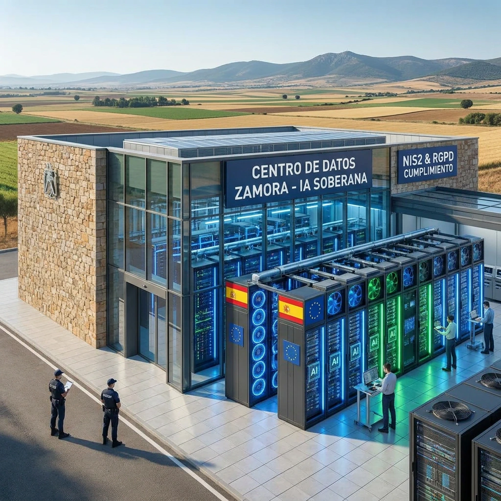 Interior del centro de datos de TOWINIA en Zamora con servidores NVIDIA y técnico supervisando paneles de IA soberana