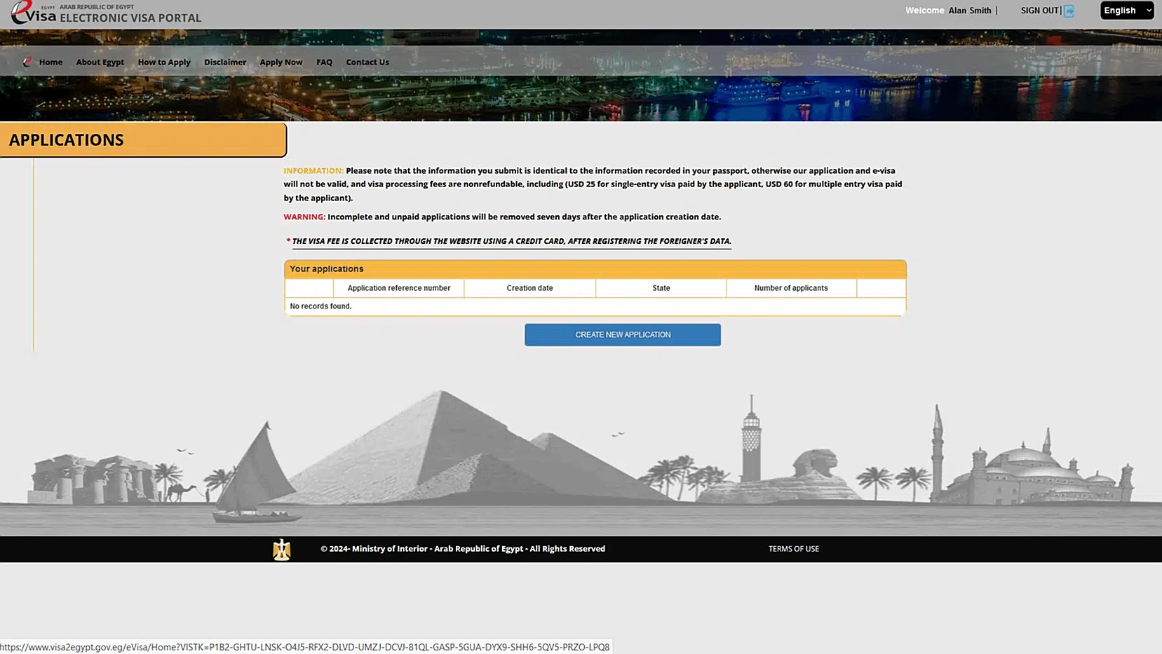 Egypt eVisa official portal showing online application form for US citizens