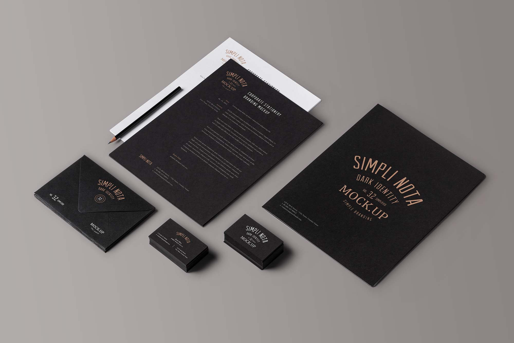 Dark luxury stationery branding mockup with gold foil details