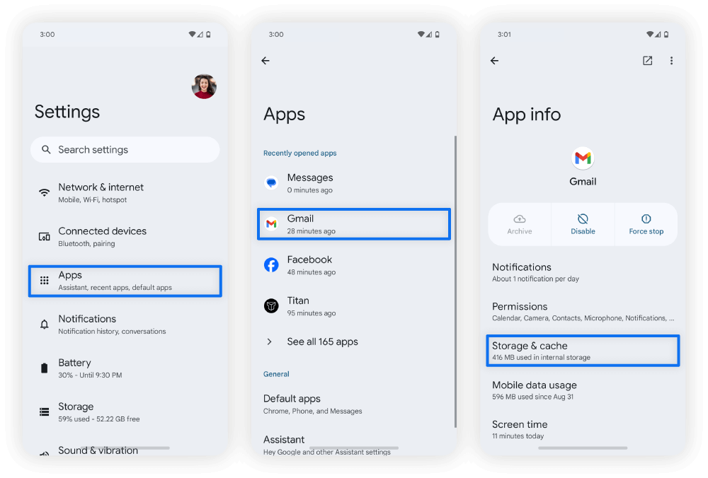 Android Settings showing Apps and Storage cache clearing options step by step