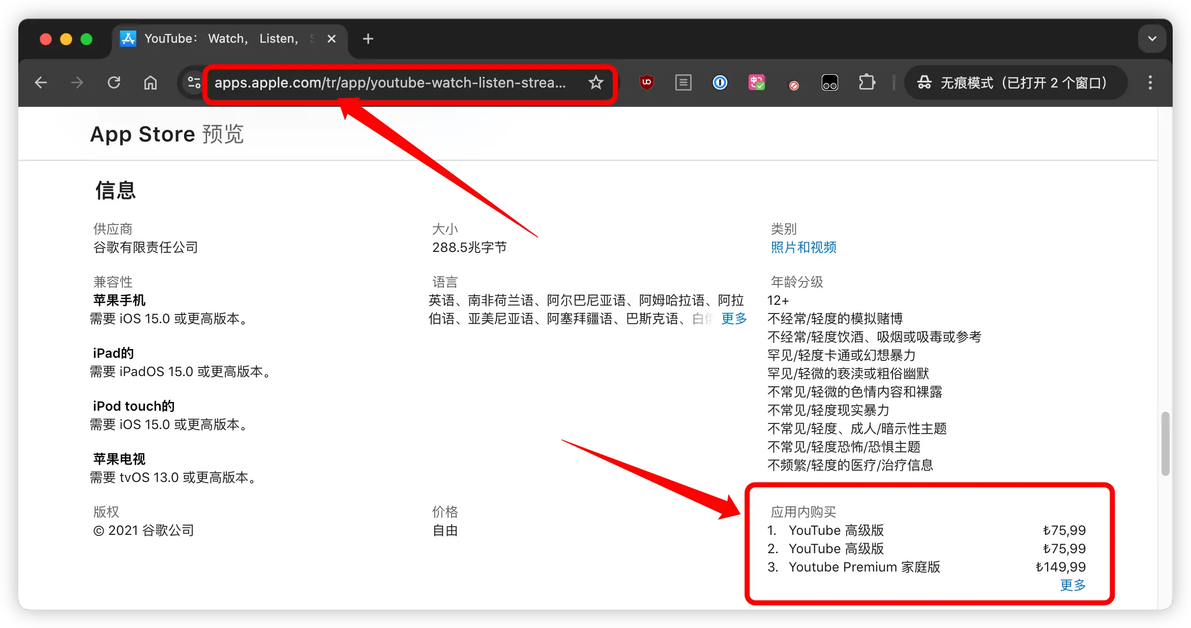 网页端App Store土耳其区YouTube Premium定价截图,显示个人版与家庭版订阅价格以土耳其里拉计价