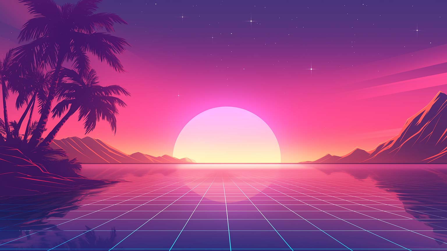 Synthwave-themed computer desktop with neon lighting