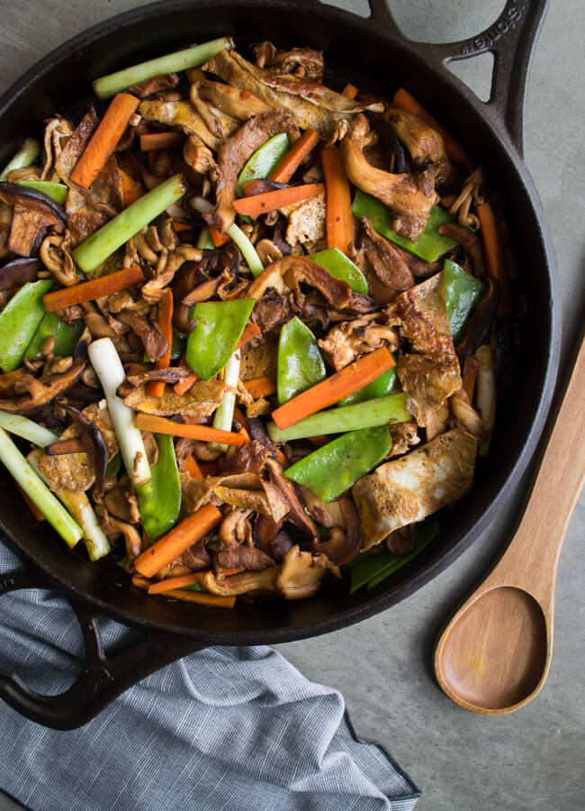 Asian mushroom stir fry in cast iron pan