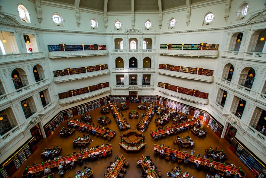 Wide angle of the La Trobe Reading Room showing the architectural beauty
