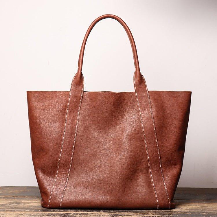 Woosir Vintage Brown Leather Tote with Contrast Stitching