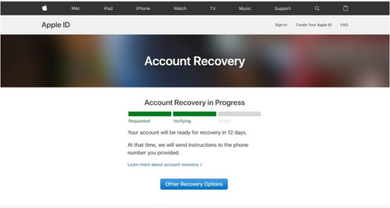 Apple ID 账户恢复页面显示恢复进度条