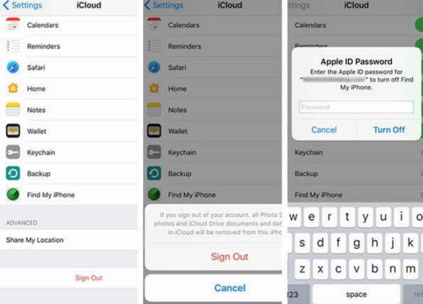 iPhone设置中iCloud登录界面,展示Apple ID密码输入框与关闭查找我的iPhone选项
