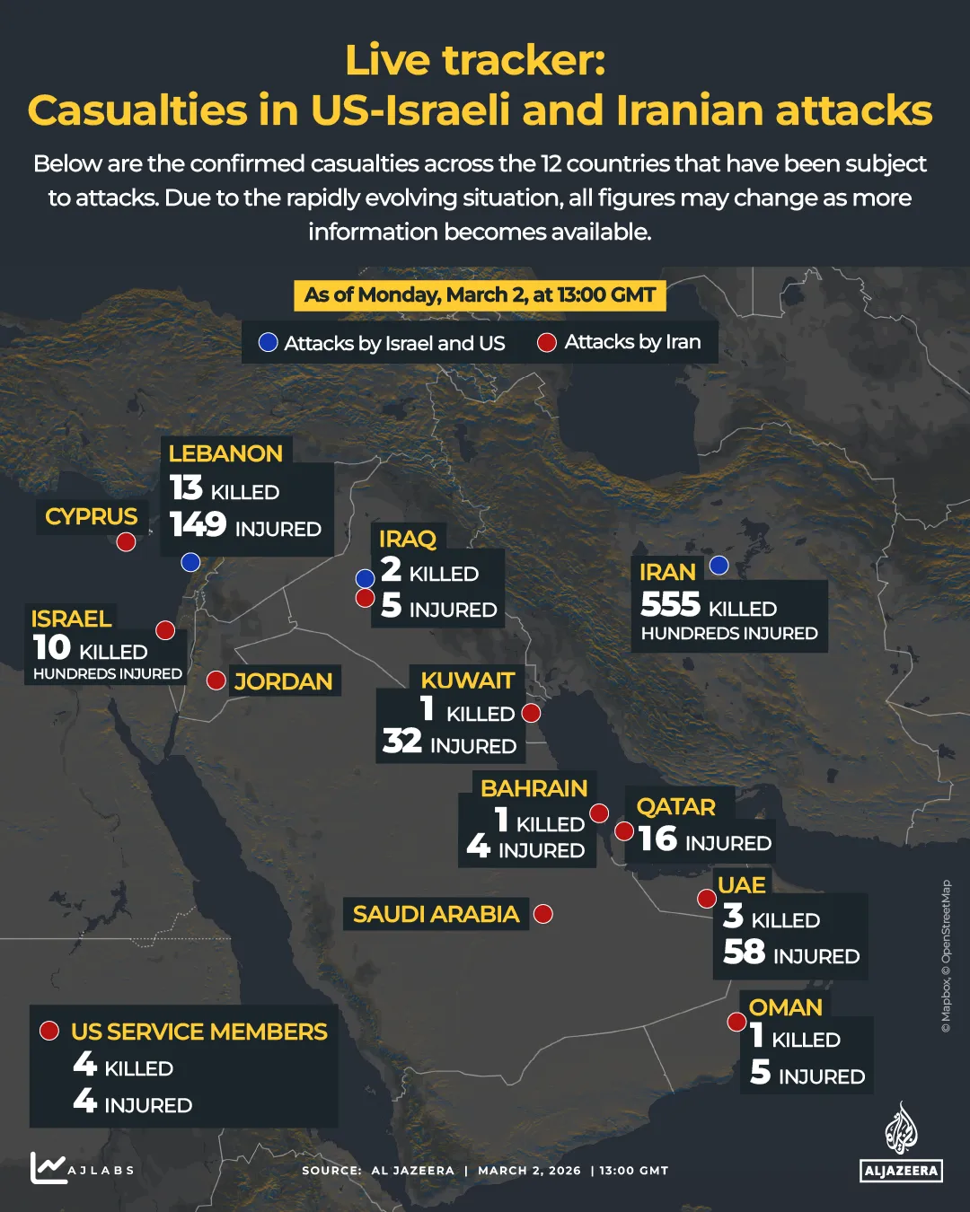 Mapa dos ataques entre EUA, Israel e Irã no Oriente Médio 2026