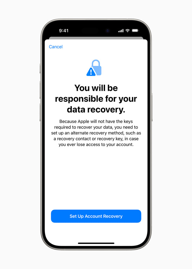 iPhone 显示账户恢复数据安全提醒界面