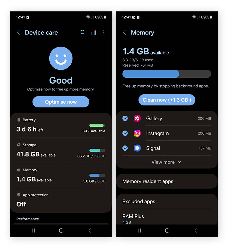Android Device Care showing storage and memory cleanup options with optimize now button
