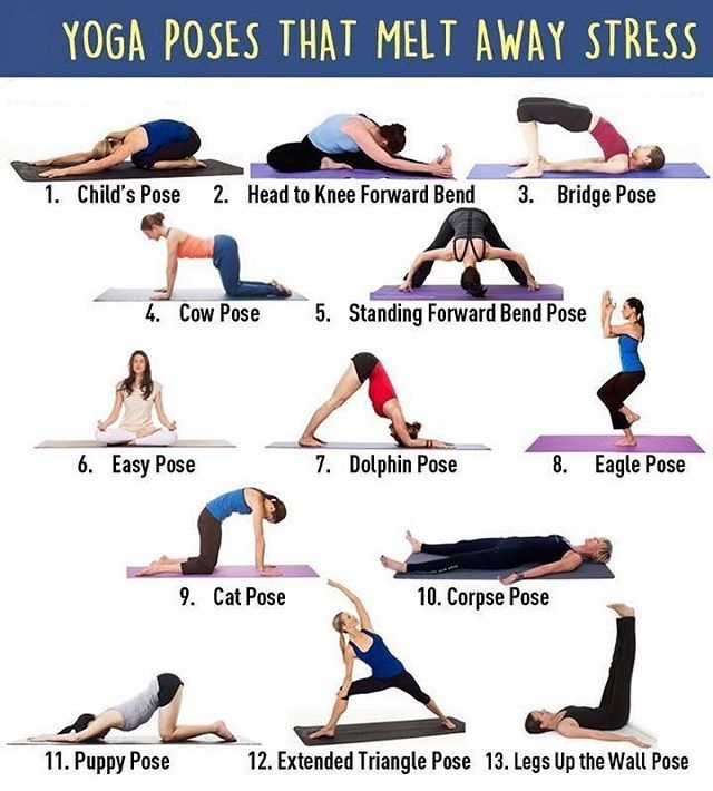 Yoga poses for stress relief including child's pose forward fold and bridge pose