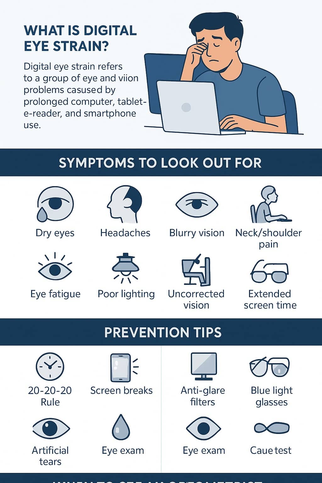 Digital eye strain symptoms and prevention tips infographic showing dry eyes, headaches, and 20-20-20 rule