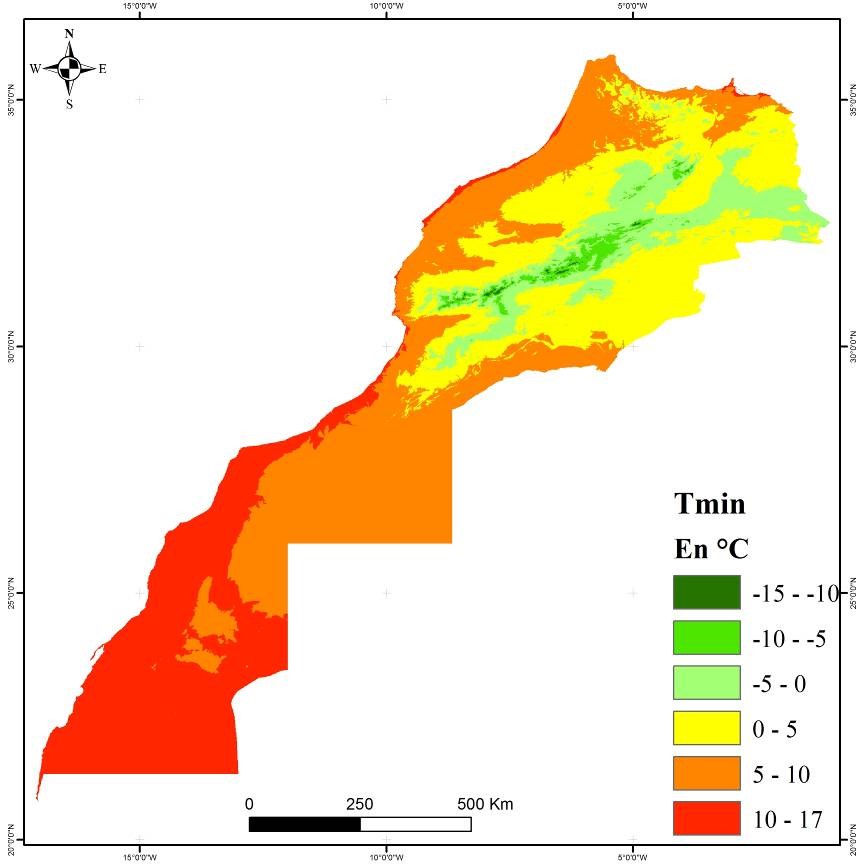 Carte des températures minimales au Maroc montrant la douceur de la côte atlantique