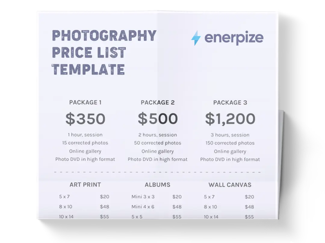 Retail photography studio package price list