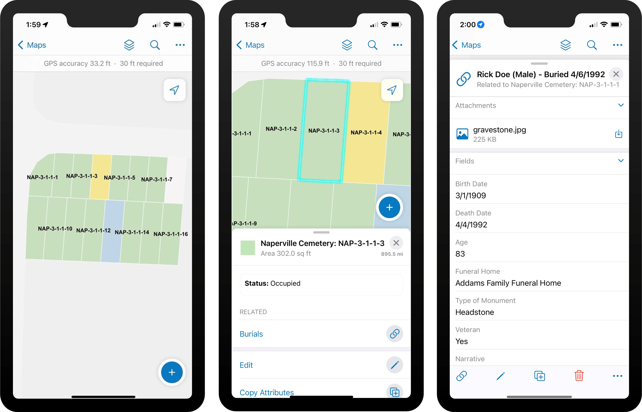 Mobile app interface for managing cemetery services