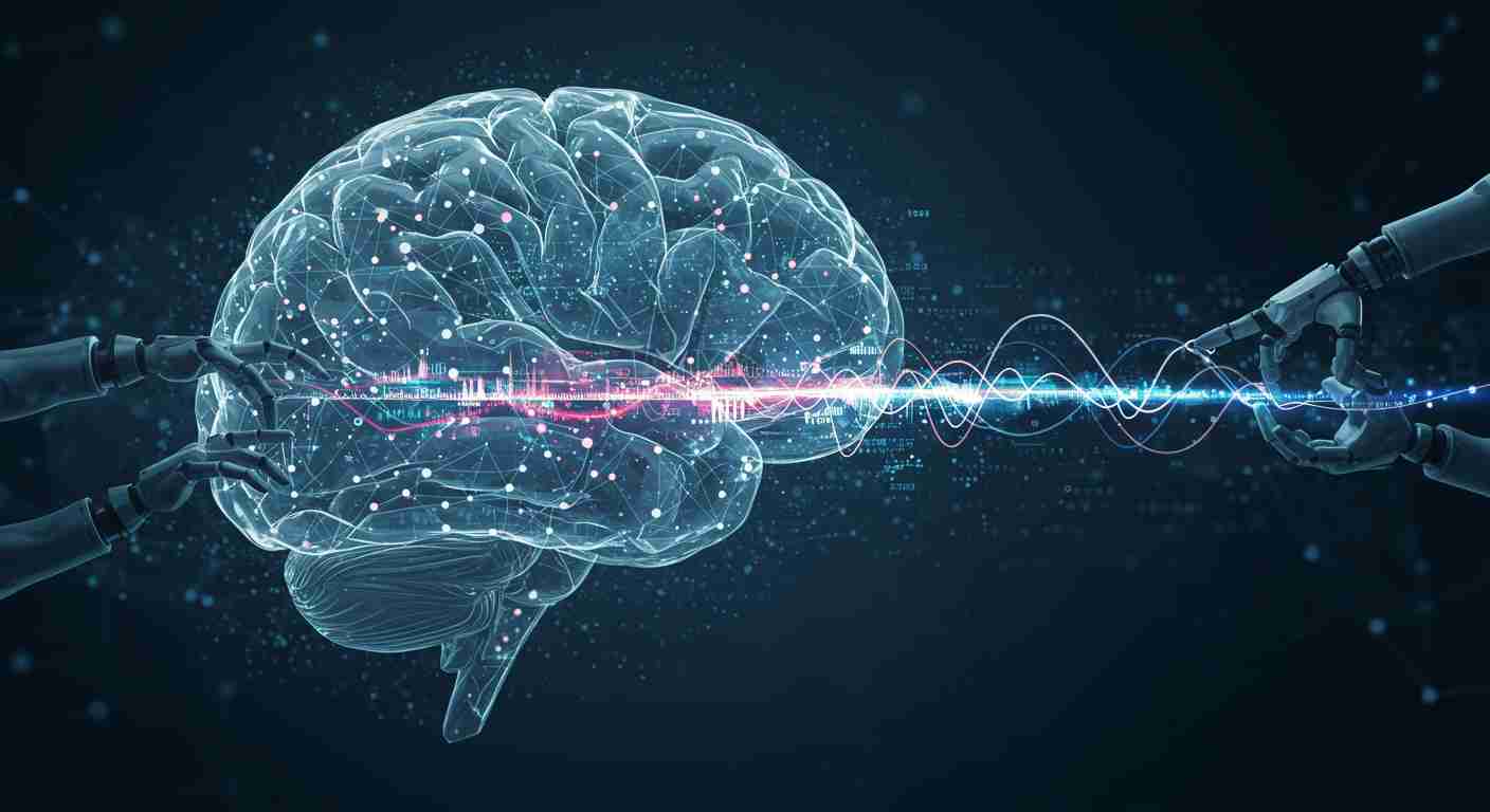 科幻风格的大脑与记忆连接示意图