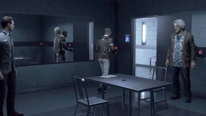 Cyberpunk interrogation room with androids