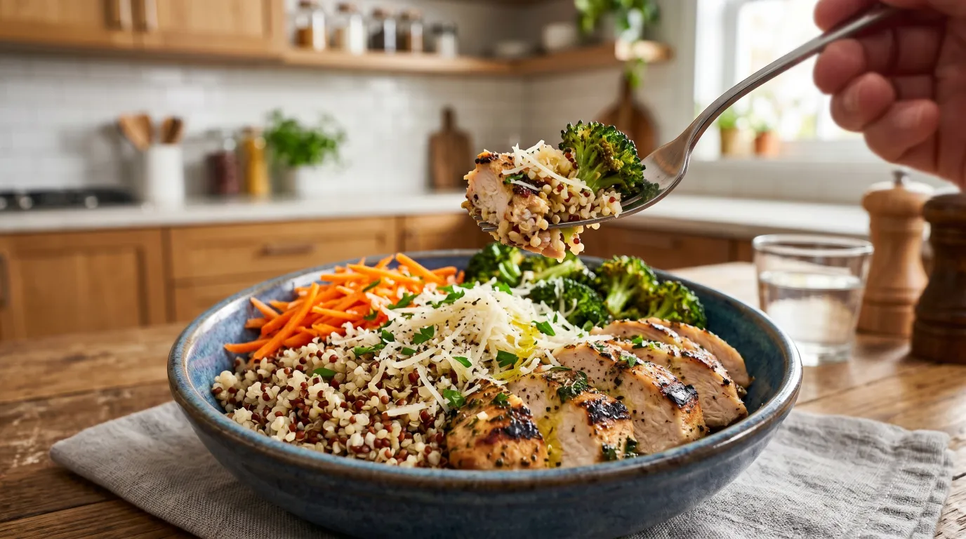 High protein comfort bowl with grilled chicken quinoa and vegetables trending recipe 2026