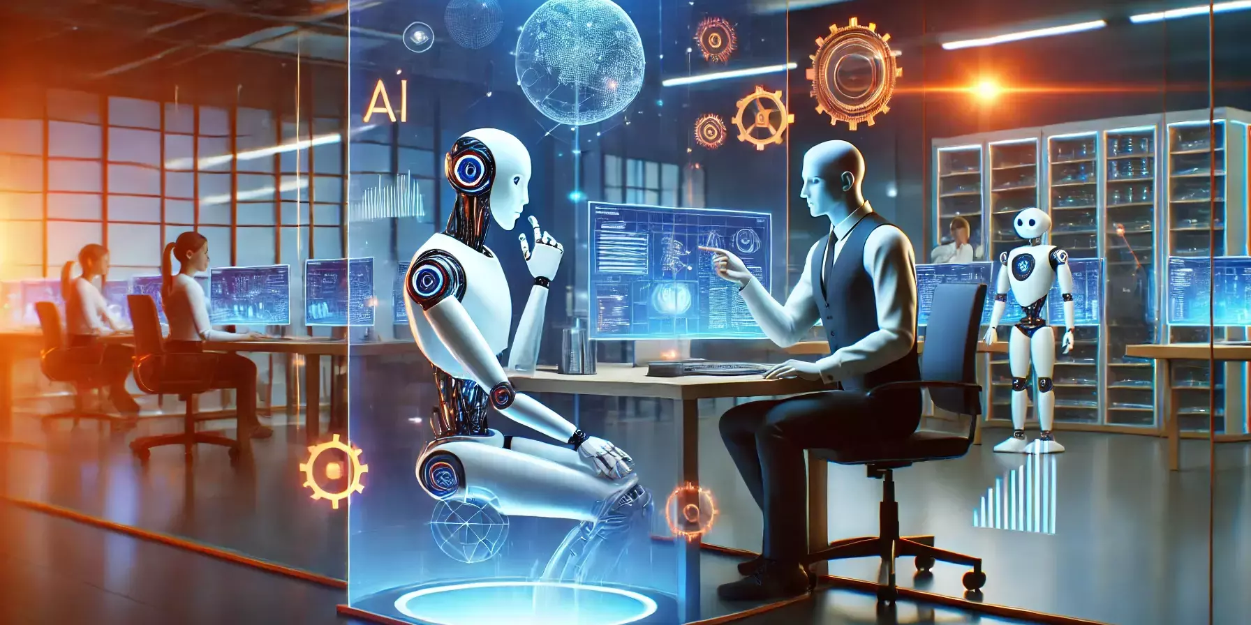 Ilustracao do futuro do trabalho com IA mostrando robos e humanos trabalhando juntos em escritorio moderno
