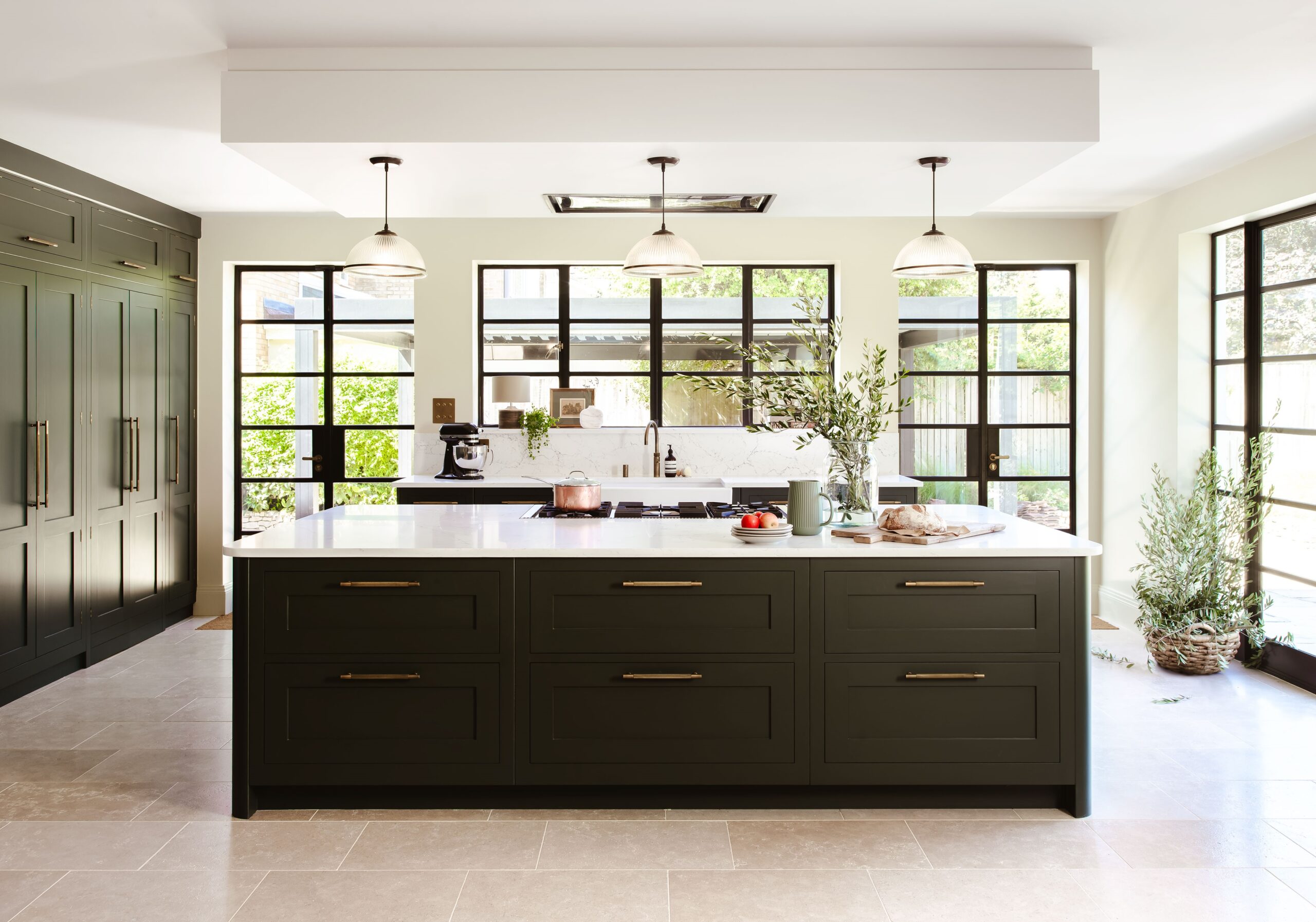 Modern Shaker kitchen with black cabinets and large island