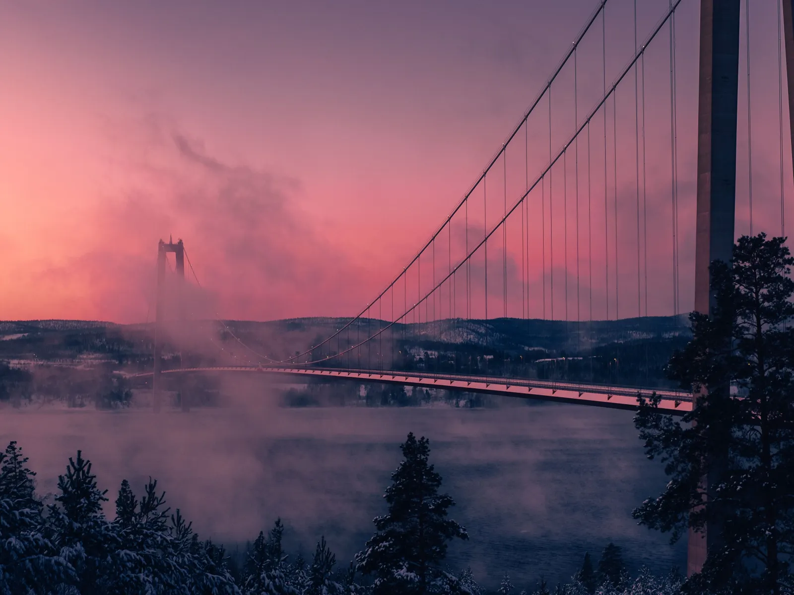 The High Coast Bridge suspension cables silhouetted against dramatic pink and purple sunset sky over misty Ångerman River in Swedish Lapland