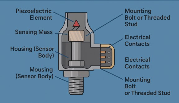 P0325 Knock Sensor Internal Cross-Section showing Piezoelectric Element, Sensing Mass, Housing, Mounting Bolt, and Electrical Contacts