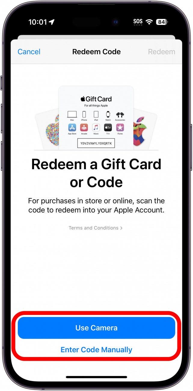 iPhone 礼品卡兑换页面显示手动输入卡密选项