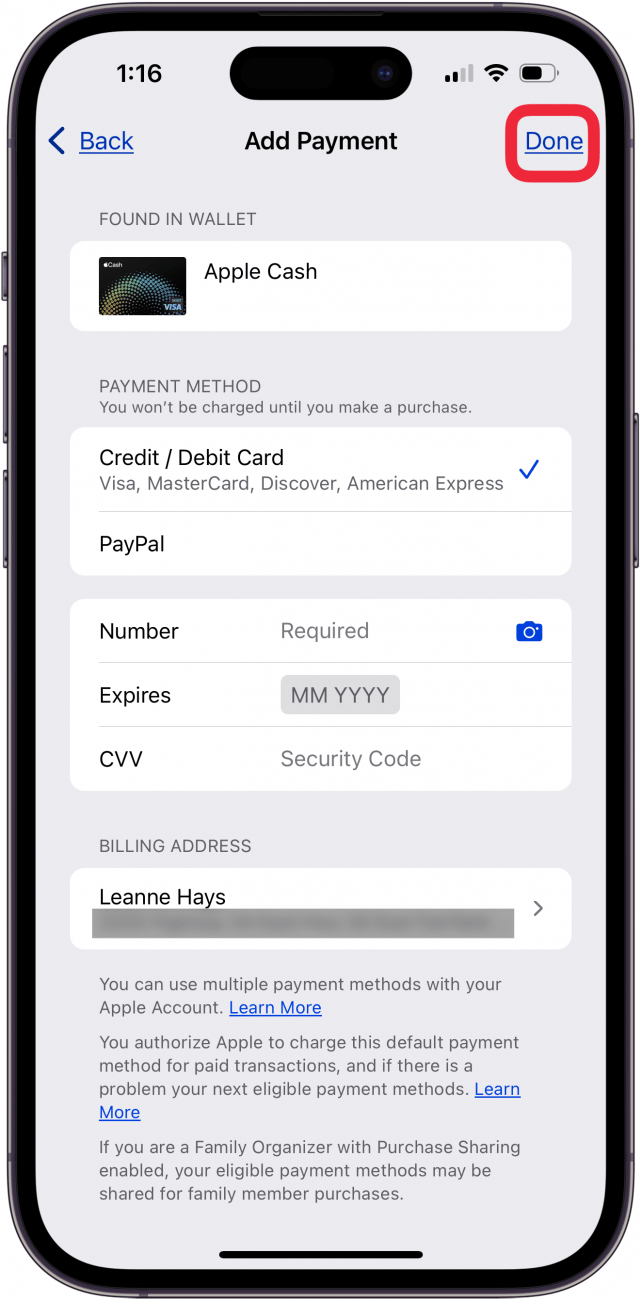 iPhone添加付款方式页面
