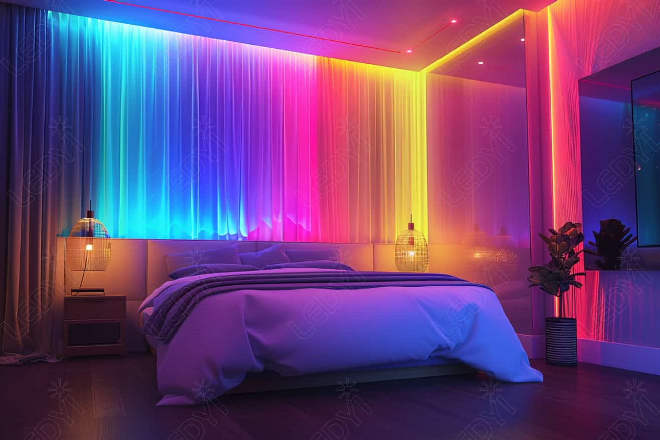 RGB LED strip lights creating colorful ambient lighting in a modern bedroom