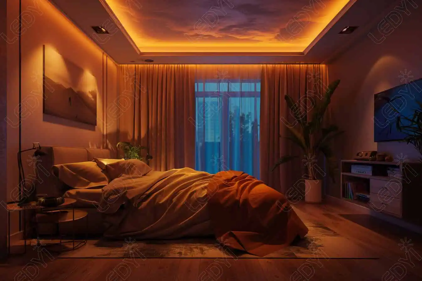 Warm ambient bedroom lighting with LED strips behind headboard