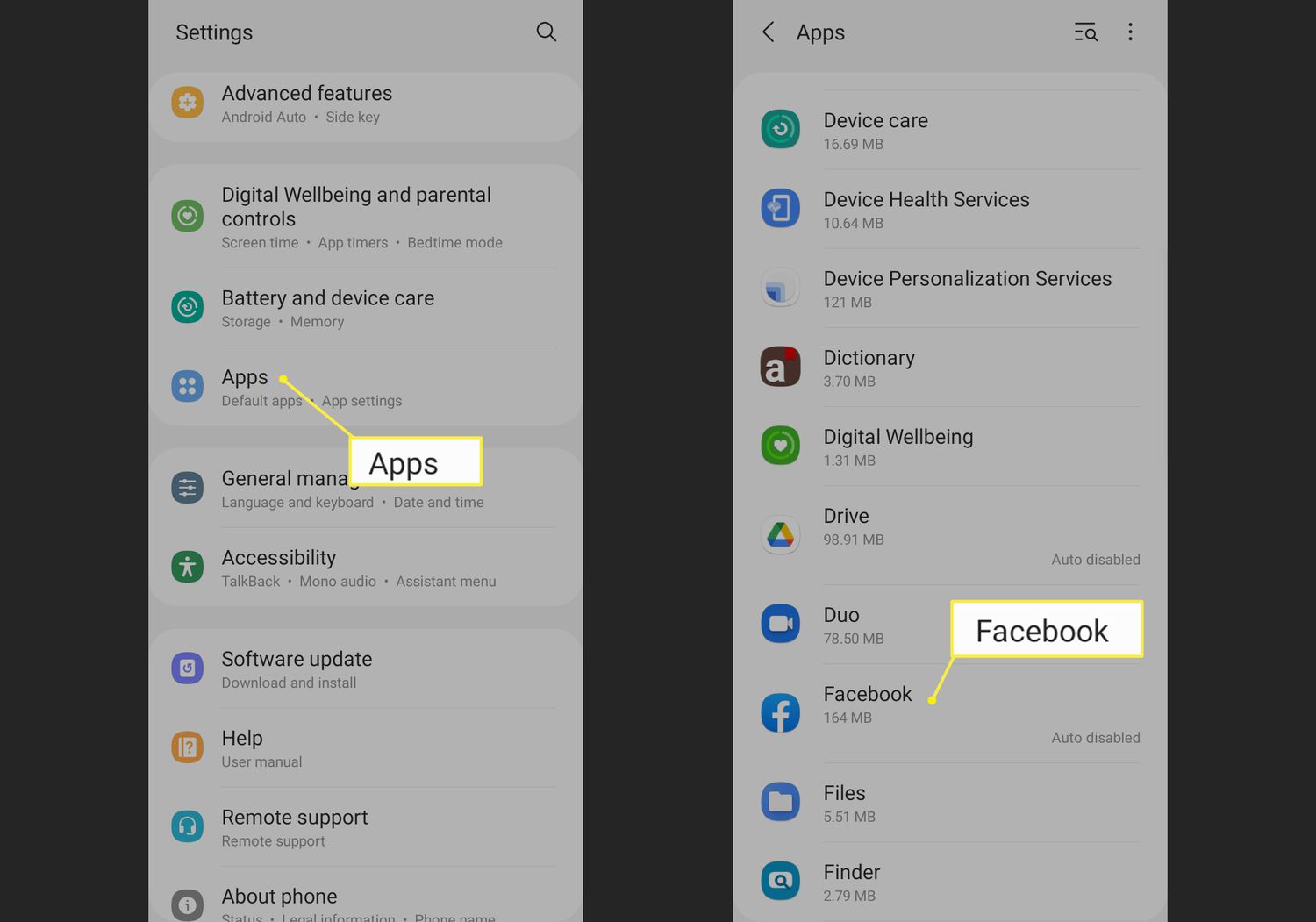Android settings showing Apps menu and Storage cache clear options for troubleshooting