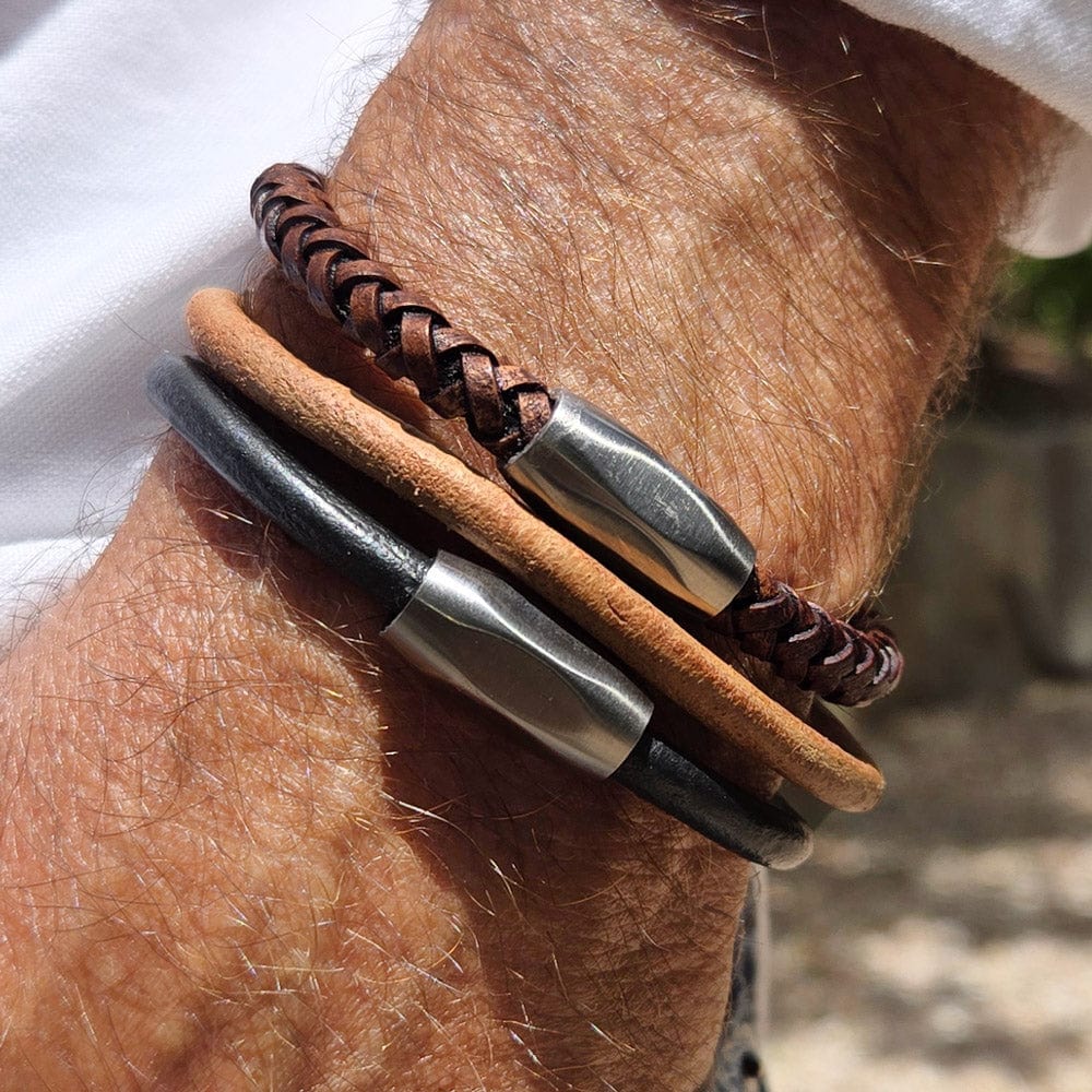 Men's Black Leather Engraved Braided Bracelet