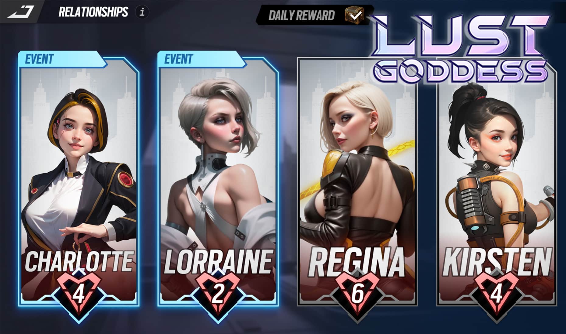 Lust Goddess character cards showing heroines Charlotte, Lorraine, Regina, and Kirsten