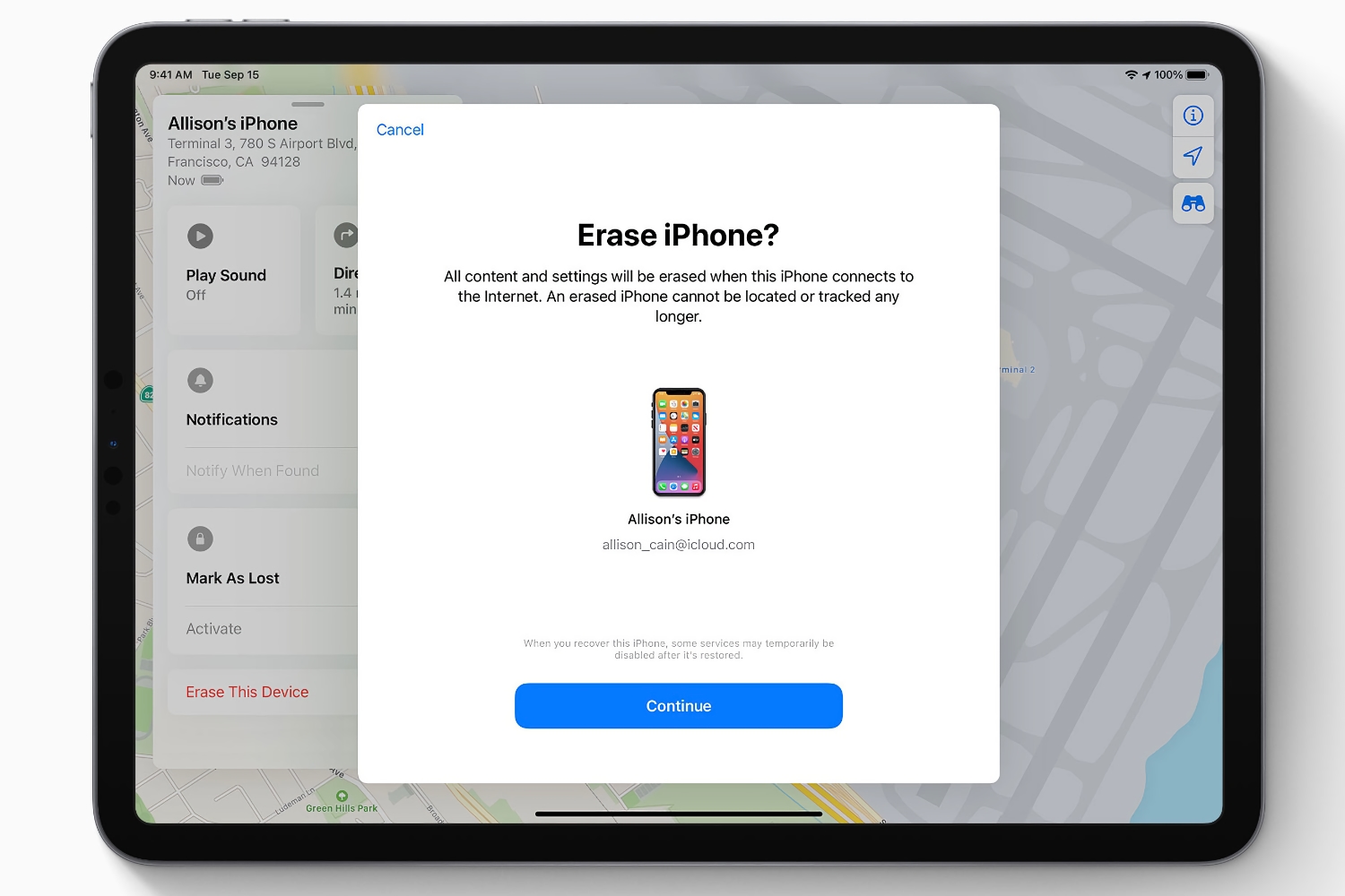iPad远程擦除iPhone确认界面
