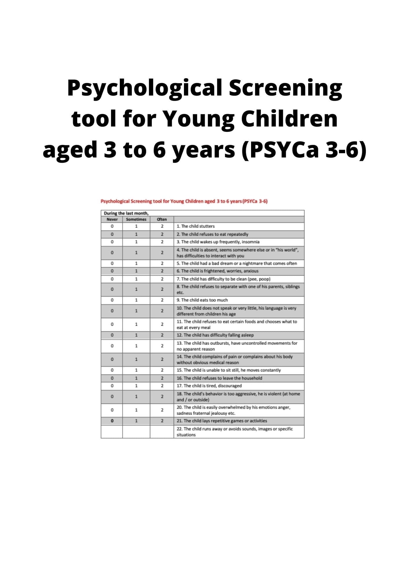 PSYCHOLOGICAL SCREENING TOOL FOR YOUNG CHILDREN AGED 3 TO 6 YEARS (PSYCA  3-6) - IASC MHPSS M&E FRAMEWORK MOV Toolkit - The MHPSS Network