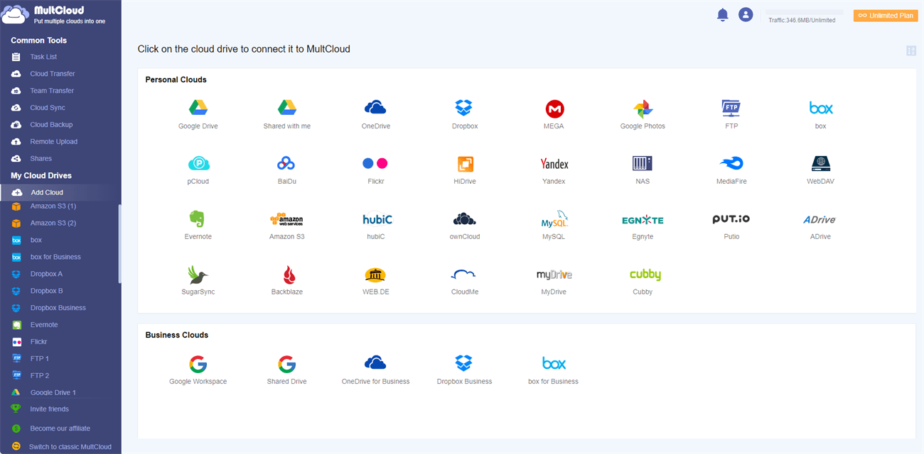 Cloud storage dashboard showing multiple backup service connections