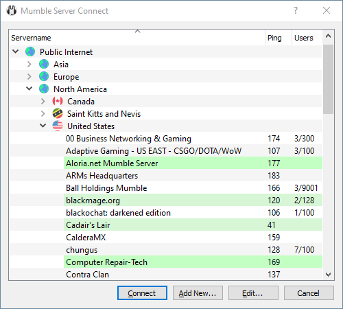 Mumble - Lista de servidores públicos