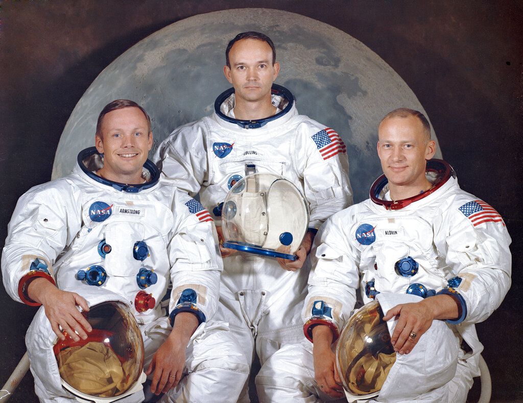 Astronautas Neil Armstrong, Michael Collins e Buzz Aldrin da missão Apollo 11