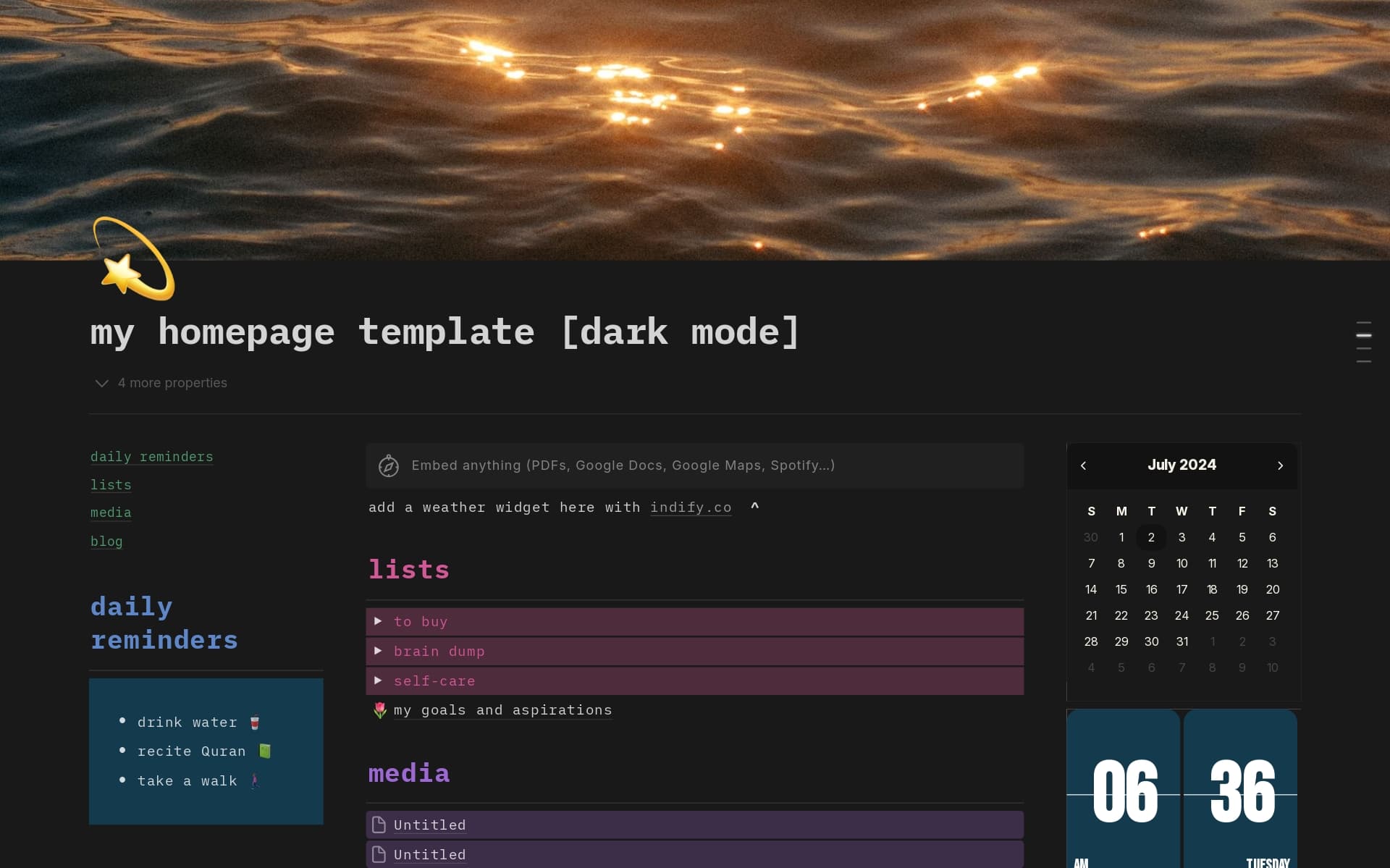 Notion dark mode dashboard template