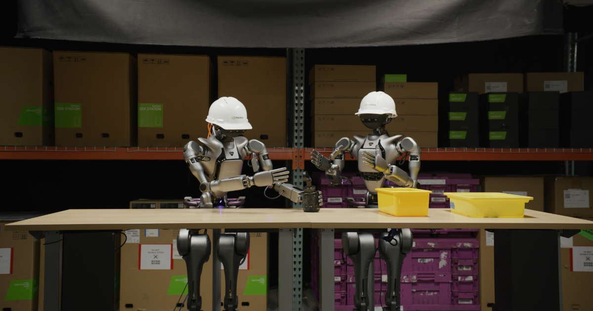 Humanoid robots wearing hard hats working in warehouse environment