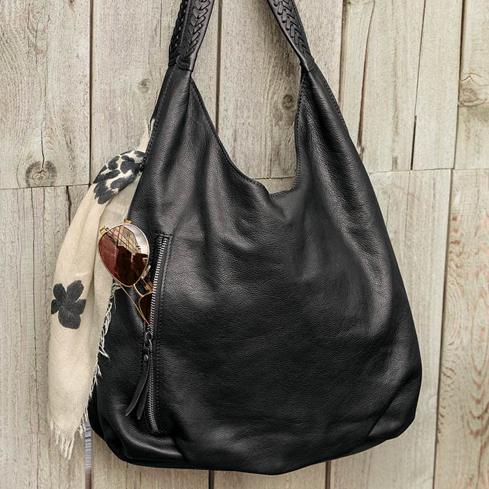 Black Leather Hobo with Zip Detail