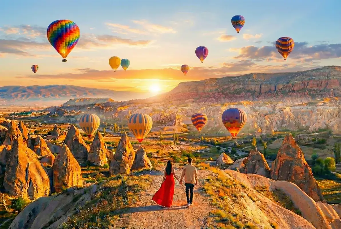 Hot air balloons over Cappadocia fairy chimneys at sunrise