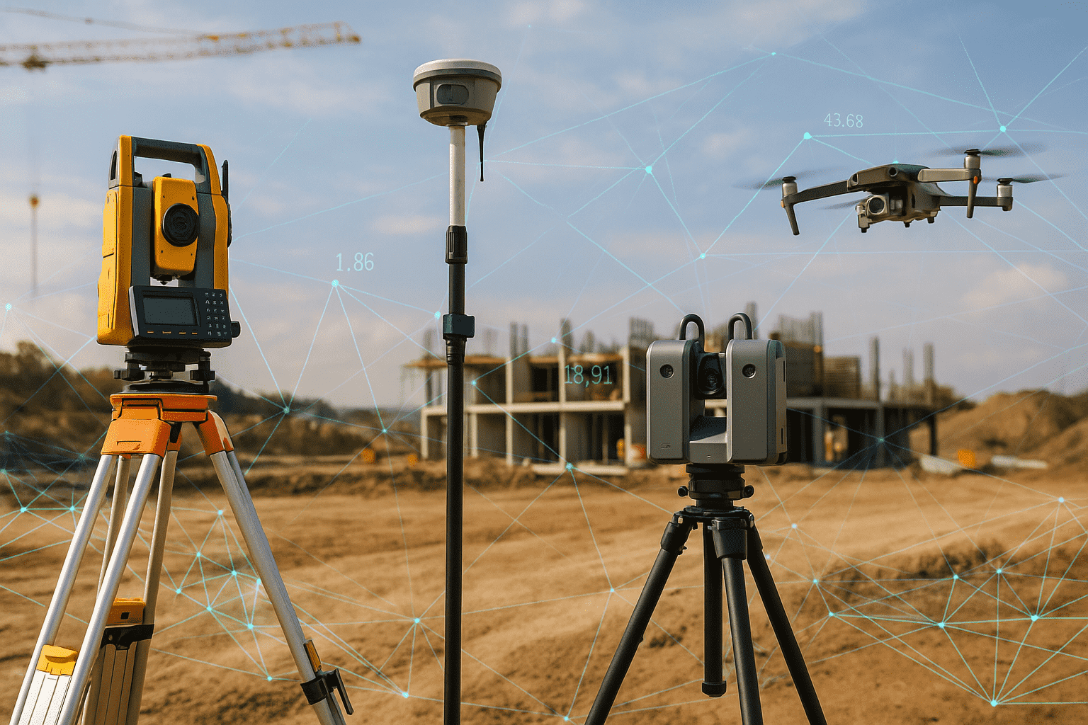 Modern geomatics surveying equipment including total station, GPS rover, 3D laser scanner, and UAV drone on a professional construction site