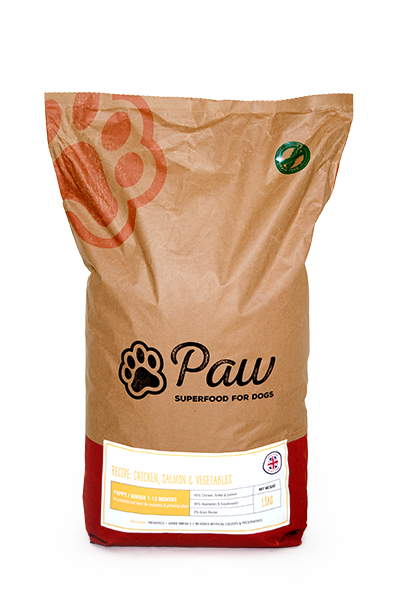 Bolsa de pienso premium Paw Dog Food con pollo, salmón y vegetales