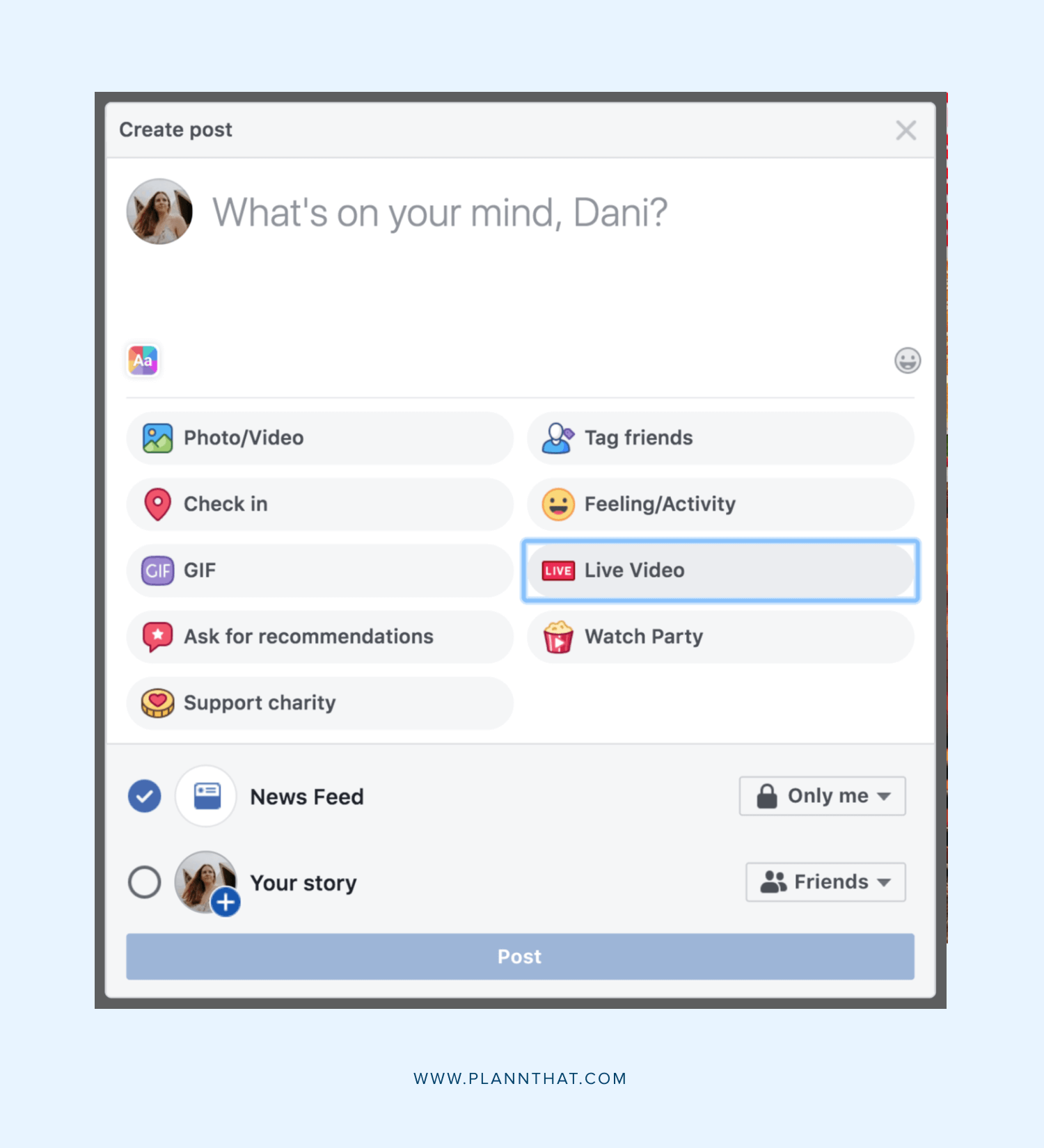 Facebook Create Post Menu showing Live Video option