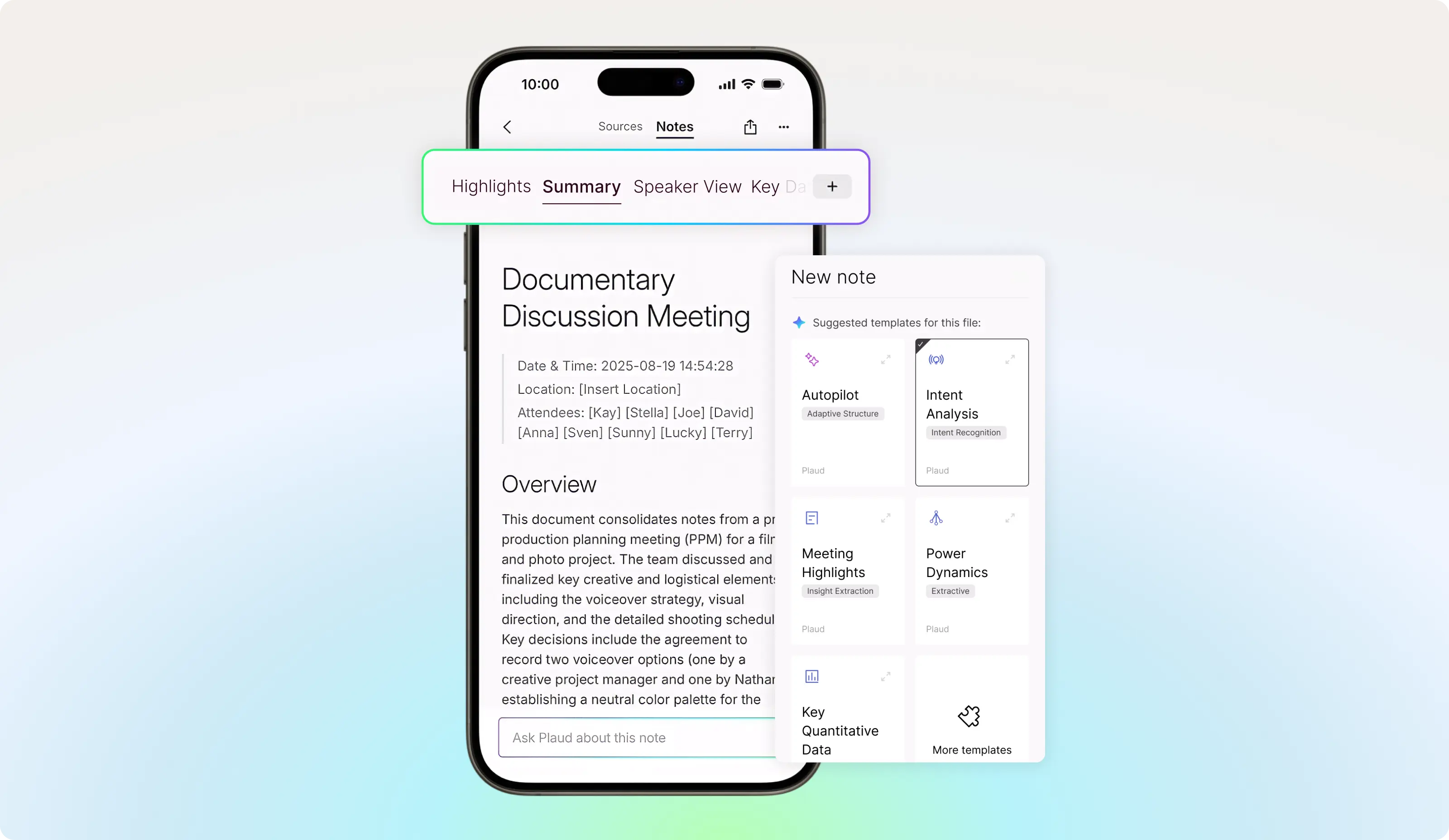 Plaud Note Pro app showing AI transcription and meeting summary interface