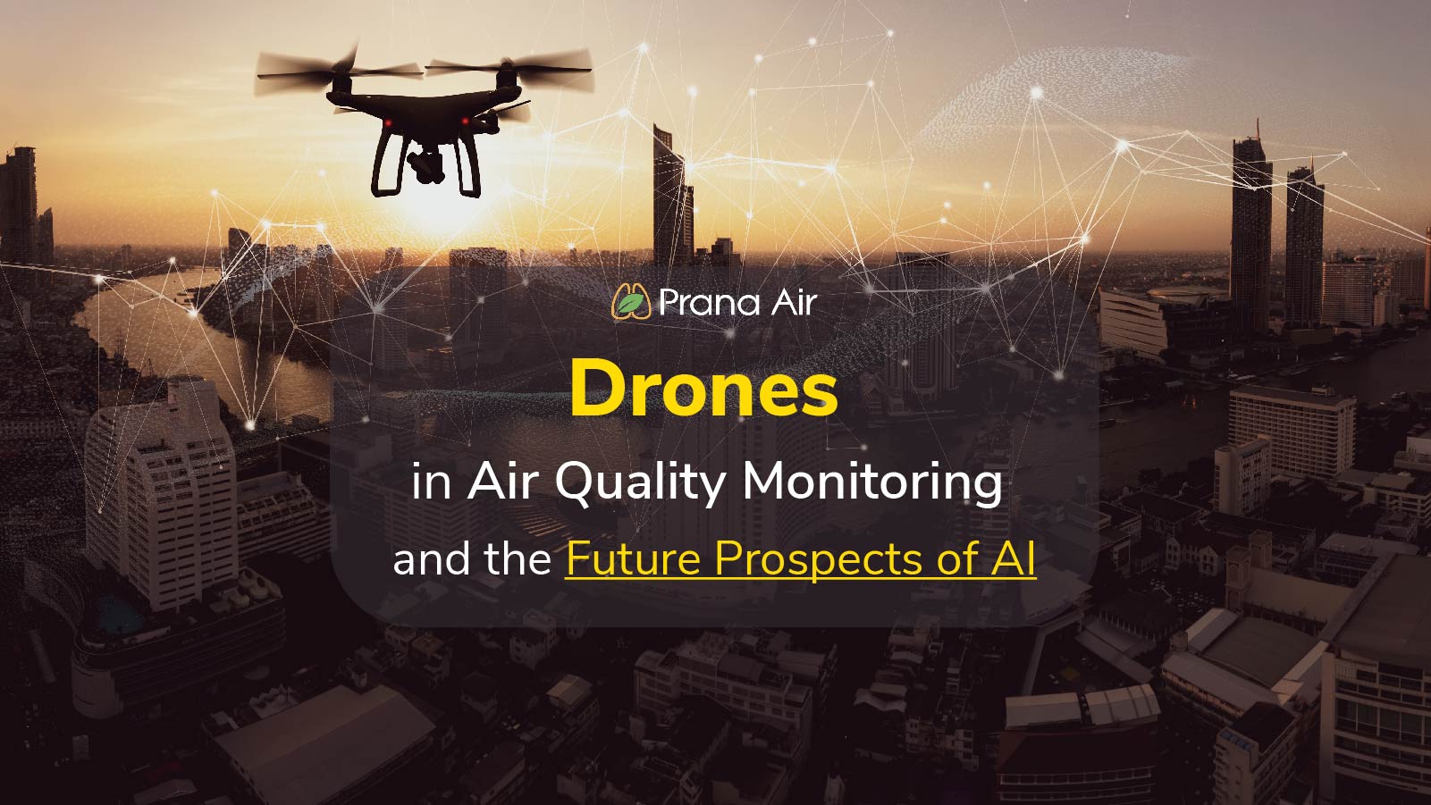 Drone sobrevoando cidade ao pôr do sol para monitoramento da qualidade do ar com tecnologia de IA