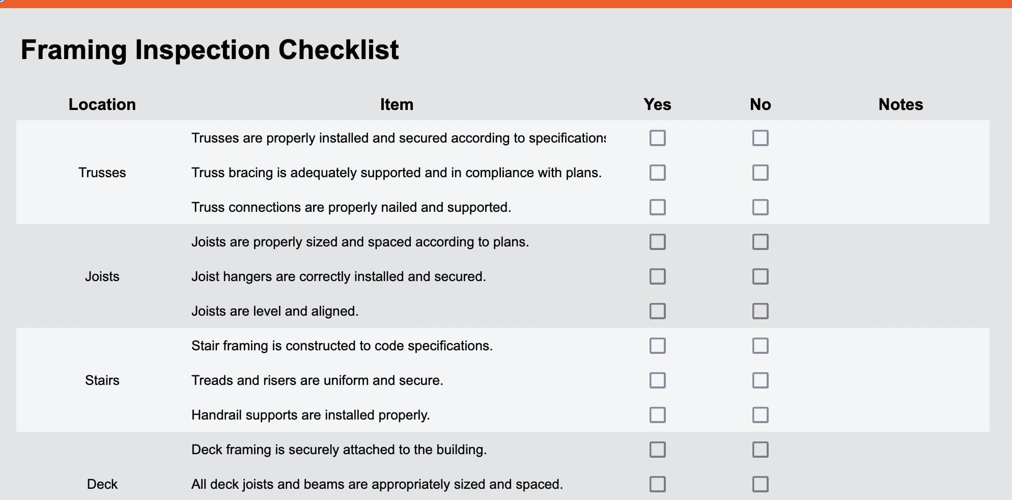 Framing inspection checklist used by best framing contractors in Toronto for Ontario Building Code compliance
