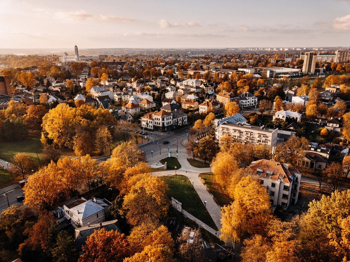 Aerial view of Kaunas in autumn with golden trees